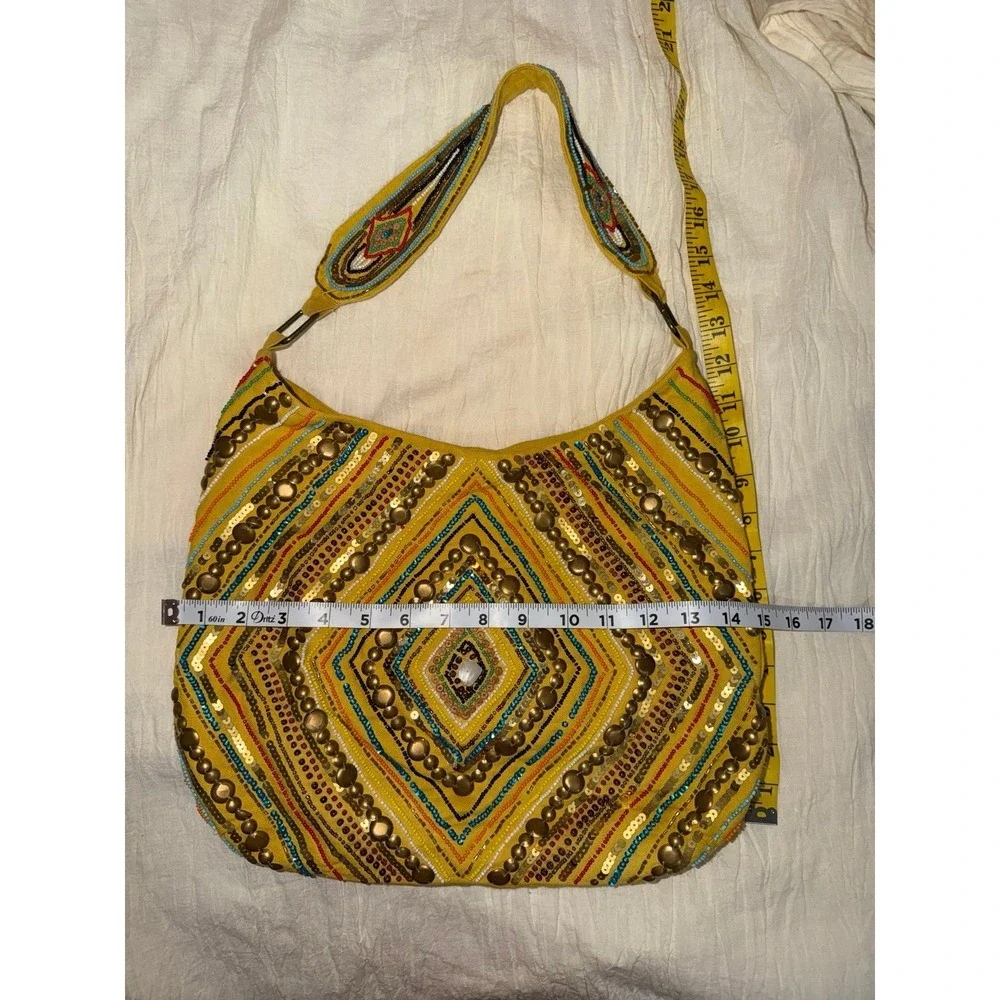 Vintage Nine West yellow canvas hobo bag sequin seed bead embellishment large